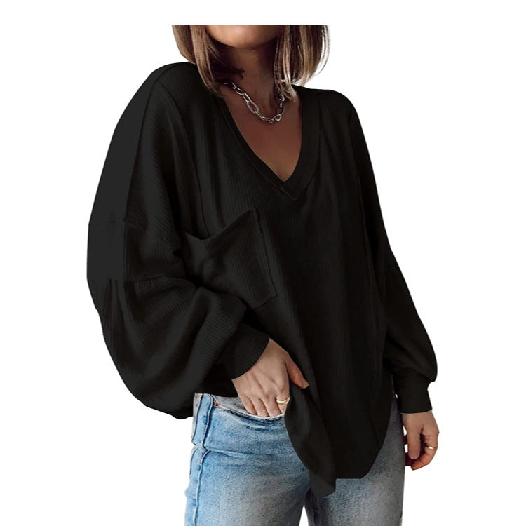Casual V-neck Pocket Lantern Sleeve Loose Knitted Pullover Shirt Women - The Number 1 Things