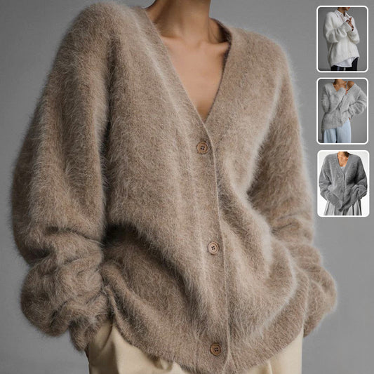 Loose V-Neck Button Cardigan Soft Fur Sweater For Women