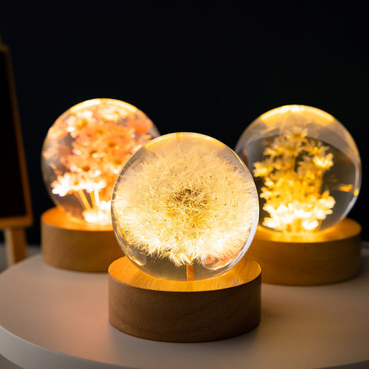 Luminous 3D Dandelion Crystal Ball Beech Wood Stand Base Preserved Flower Sphere Ball Desktop Ornaments Bithday Christmas Gifts - The Number 1 Things