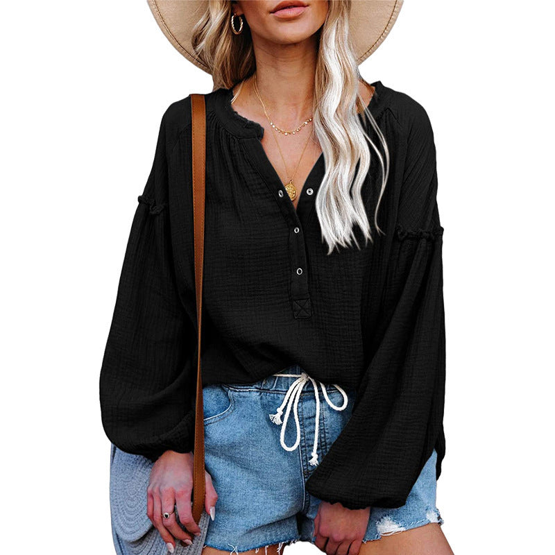 V-neck Lantern Sleeve Cotton Shirt Pullover - The Number 1 Things