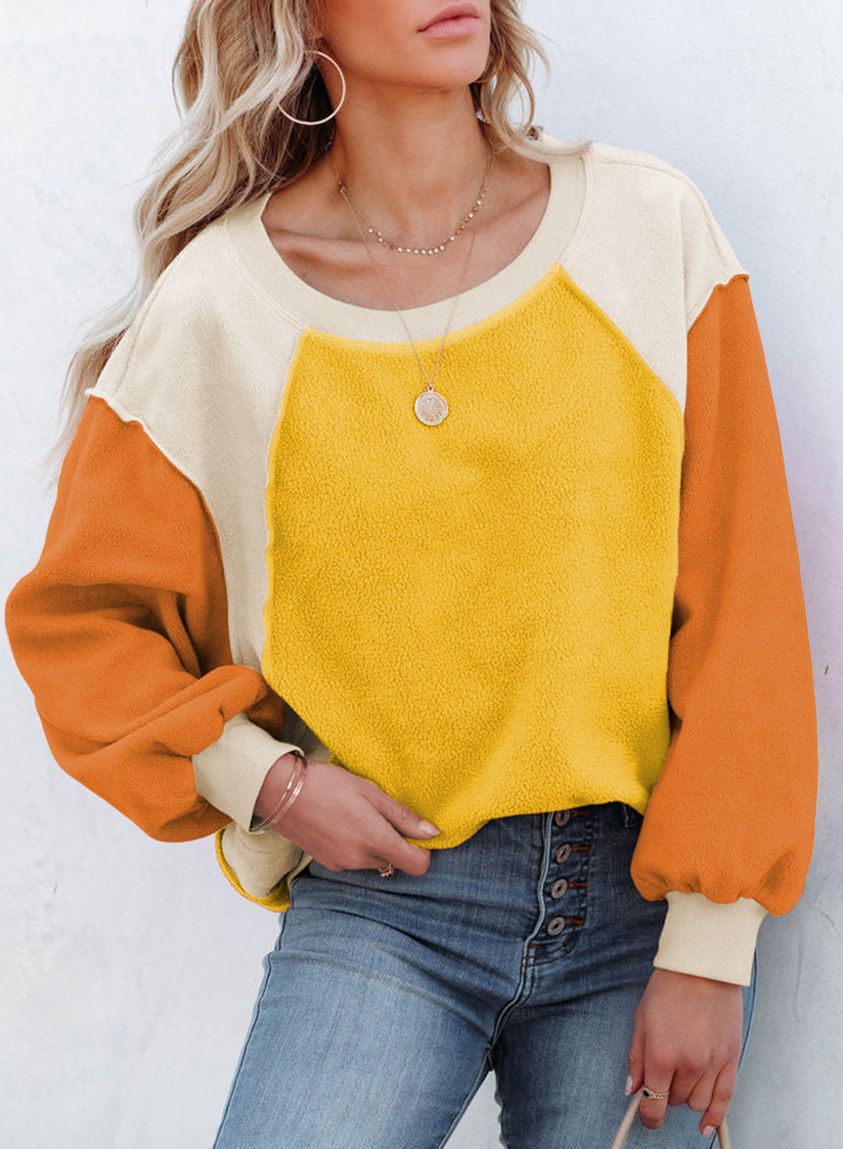 Fleece Lantern Sleeve Sweater Plush Contrast Color Long Sleeve Pullover Top - The Number 1 Things