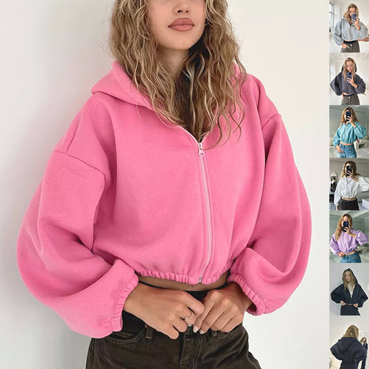 Casual Solid Color Hooded Short Jacket Y2K Fashion Sports Sweatshirt Long Sleeve Zip Up Cardigan Hoodies Women's Clothing - The Number 1 Things
