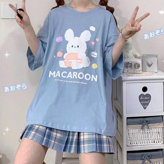 Printed Macaron Rabbit Baby T-shirt Women Pure Cotton Short-sleeved Bottoming Shirt Top