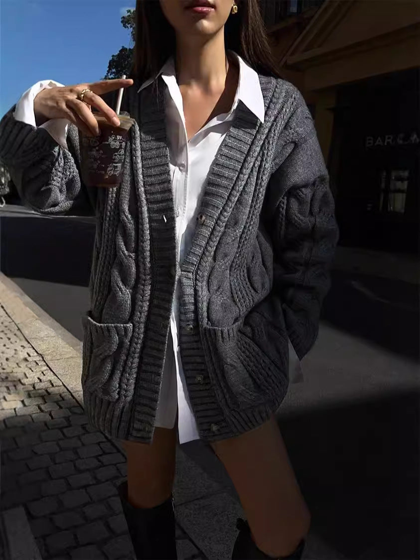 European And American Solid Color Cable-knit Sweater Knitted Cardigan Jacket - The Number 1 Things