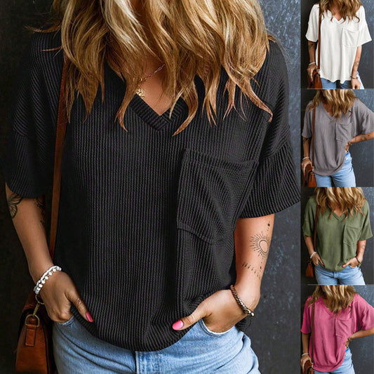 Fashionable Two-tone Pullover Short Sleeve V-neck Top For Women - The Number 1 Things