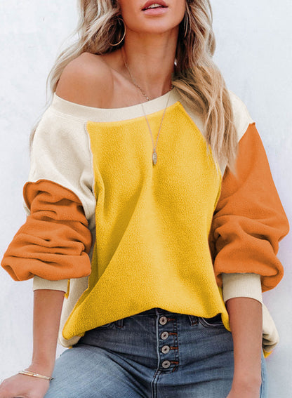 Fleece Lantern Sleeve Sweater Plush Contrast Color Long Sleeve Pullover Top - The Number 1 Things