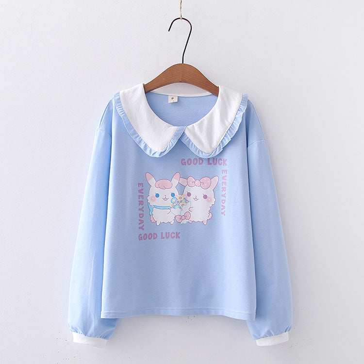 Japanese Lace Lapel Two Rabbit T-shirt Women