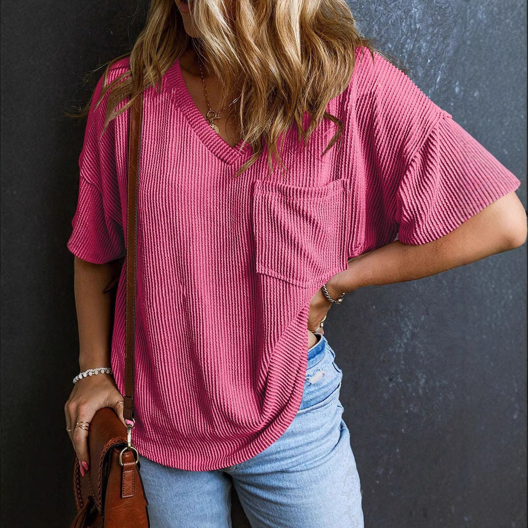 Fashionable Two-tone Pullover Short Sleeve V-neck Top For Women - The Number 1 Things