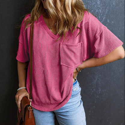 Fashionable Two-tone Pullover Short Sleeve V-neck Top For Women - The Number 1 Things