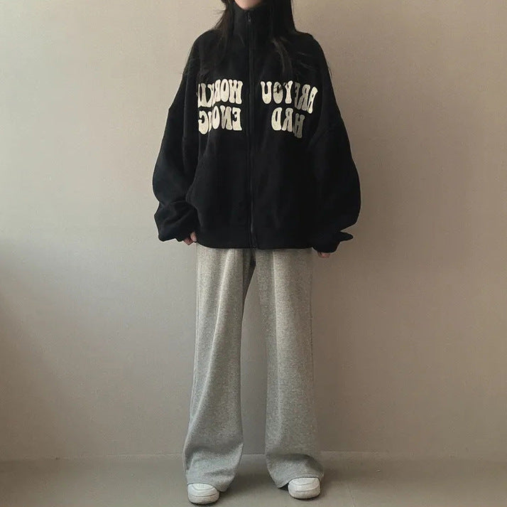 Women's Alphabet Plus Velvet Loose Cardigan Zipper Simple Sweater - The Number 1 Things