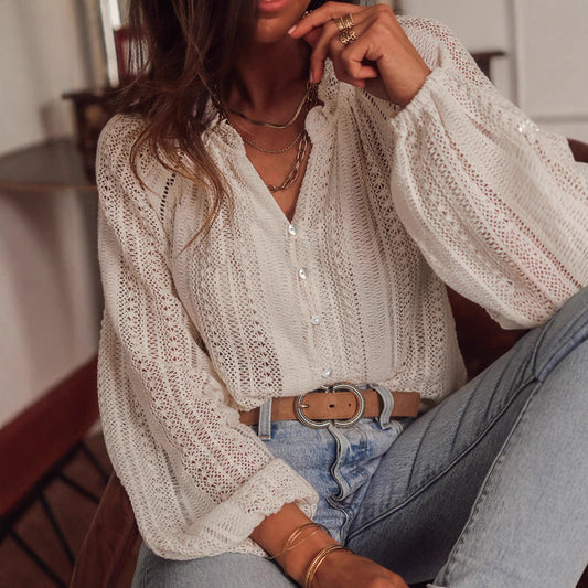 Solid Color Hollow Loose Long Sleeve Top - The Number 1 Things