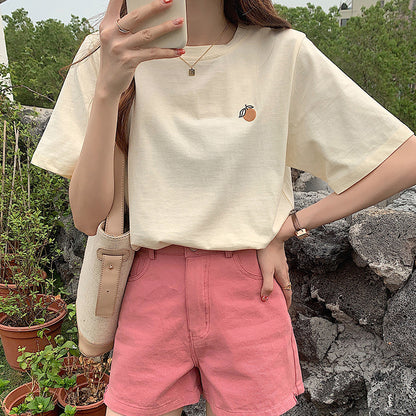 Women's Cotton Orange Embroidered Short-sleeved T-shirt New - The Number 1 Things