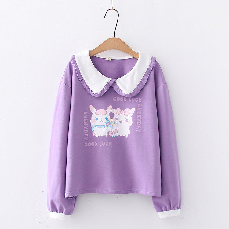 Japanese Lace Lapel Two Rabbit T-shirt Women
