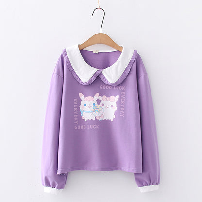 Japanese Lace Lapel Two Rabbit T-shirt Women