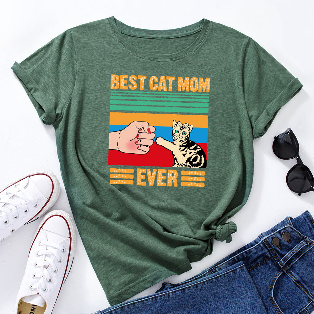 European And American Women's Clothing Creative Kitten Print Loose Round Neck Short Sleeve - The Number 1 Things
