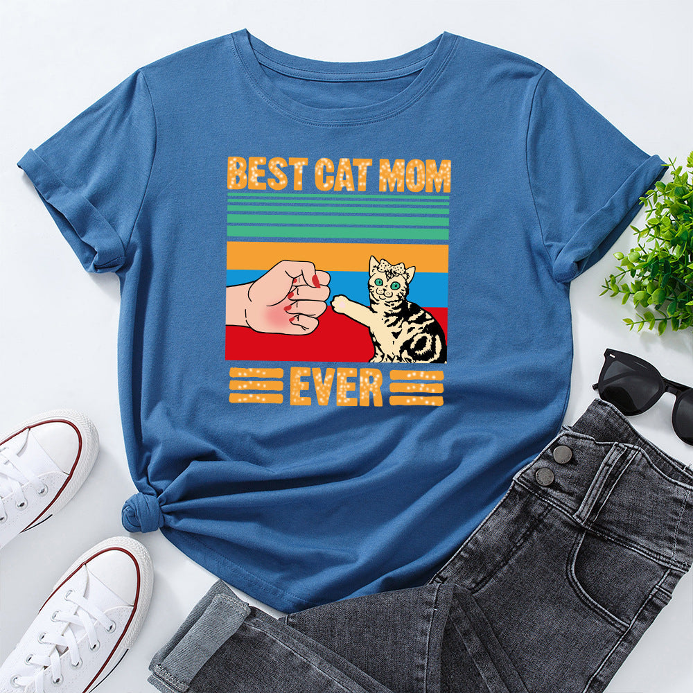 European And American Women's Clothing Creative Kitten Print Loose Round Neck Short Sleeve - The Number 1 Things