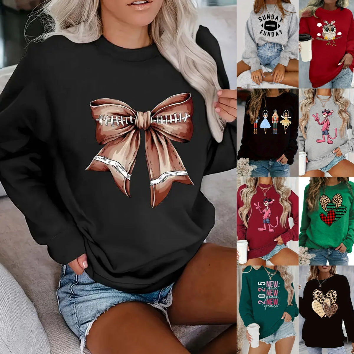 Women's Printed Long Sleeve Crew Neck Sweater - The Number 1 Things