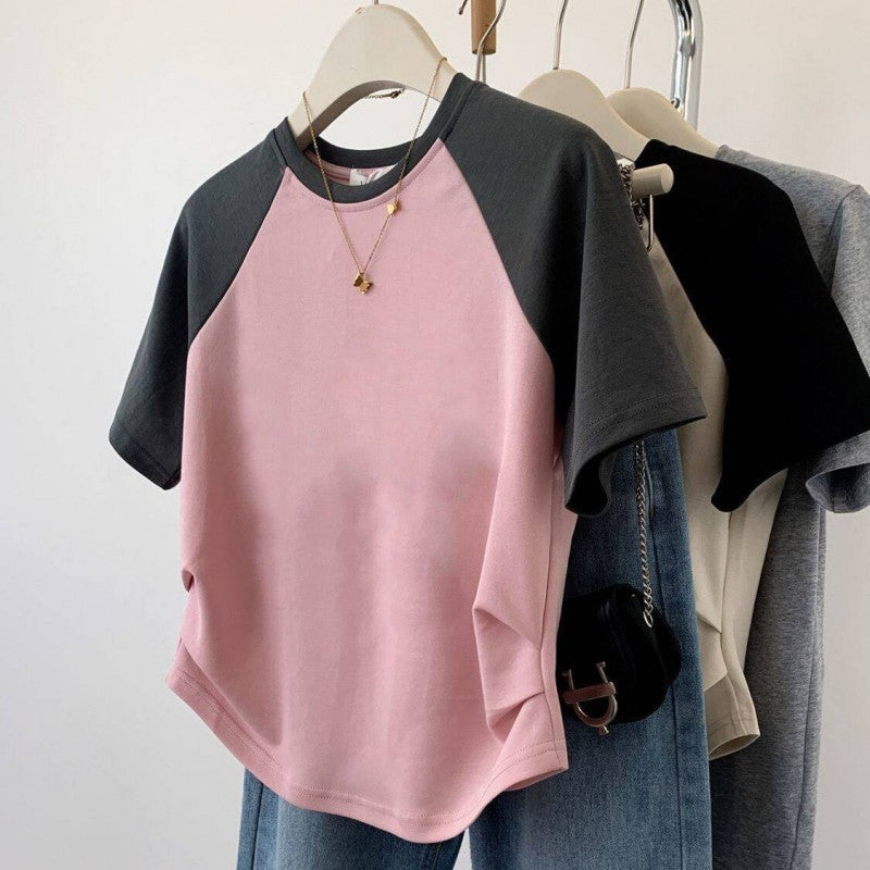 Women's Cotton Stretch Crew Neck Short Sleeve Stitching Top - The Number 1 Things