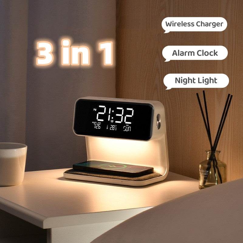 3 In 1 Bedside Lamp Wireless Charging LCD Screen Alarm Clock  Wireless Phone Charger