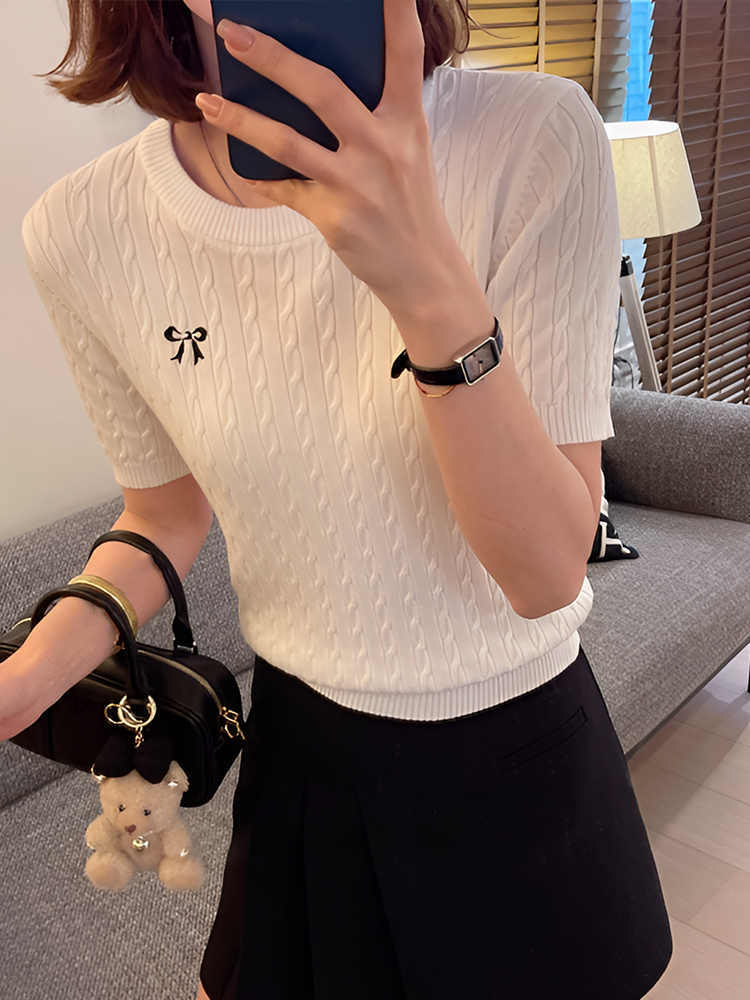 All-matching Pullover Bow Embroidery Twist Knitted Short Sleeve - The Number 1 Things