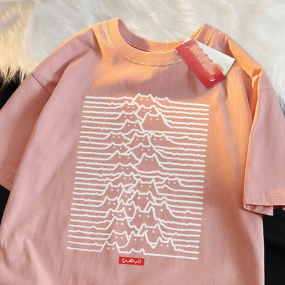 Cartoon Pure Cotton Trendy Summer Travel Mountain Cat Line Short Sleeve - The Number 1 Things