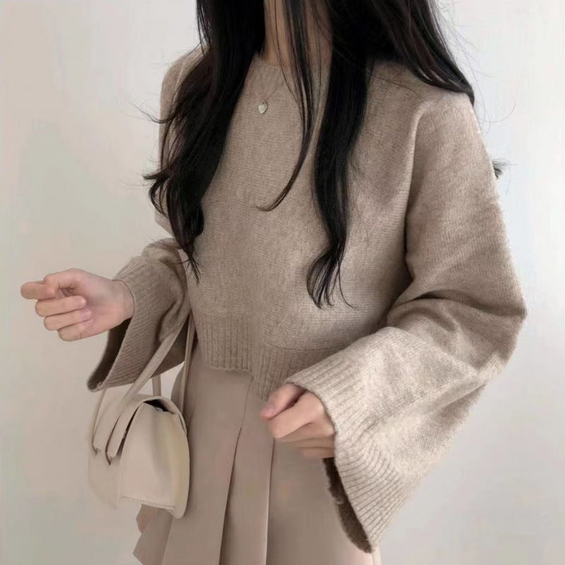 Solid Color Loose Small Short Long Sleeve Round Neck Pullover Sweater