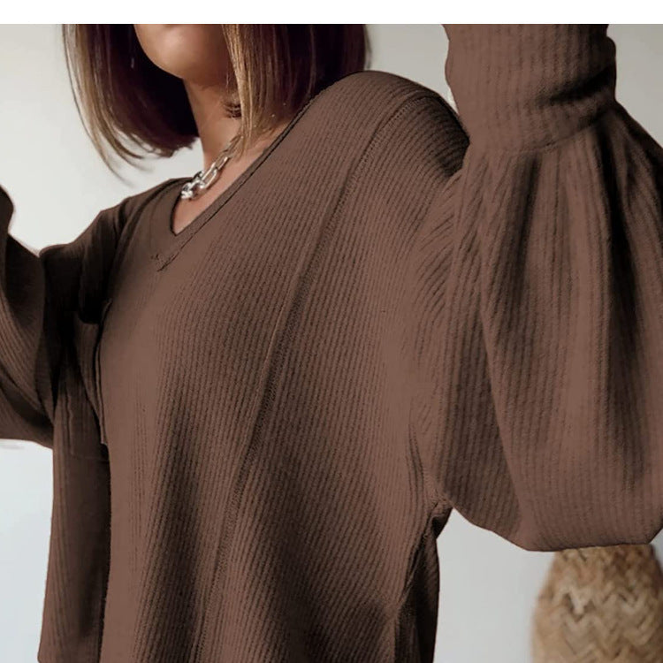 Casual V-neck Pocket Lantern Sleeve Loose Knitted Pullover Shirt Women - The Number 1 Things