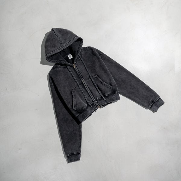 Retro Washed Color Contrast Short Hooded Zip Cardigan Sweater - The Number 1 Things