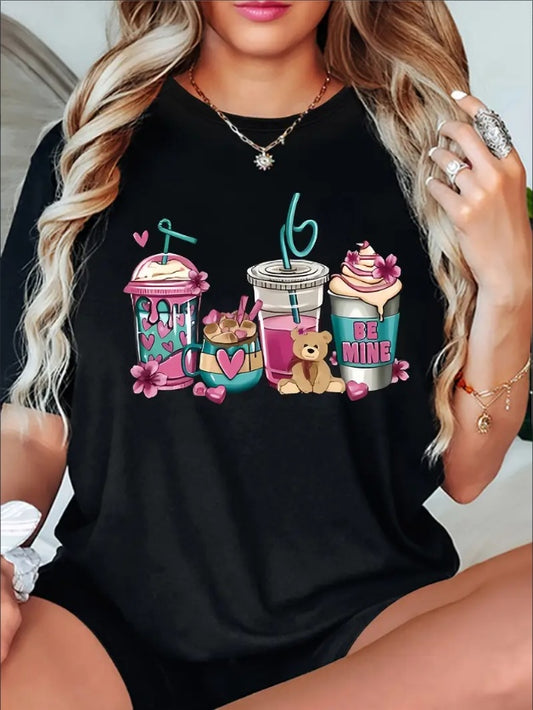 Bubble Tea Print Comfy T-Shirt, Round Neck Short Sleeve Sports Tee, Women's Activewear - The Number 1 Things