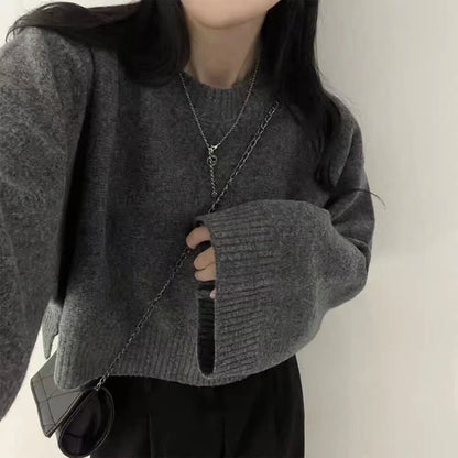 Solid Color Loose Small Short Long Sleeve Round Neck Pullover Sweater