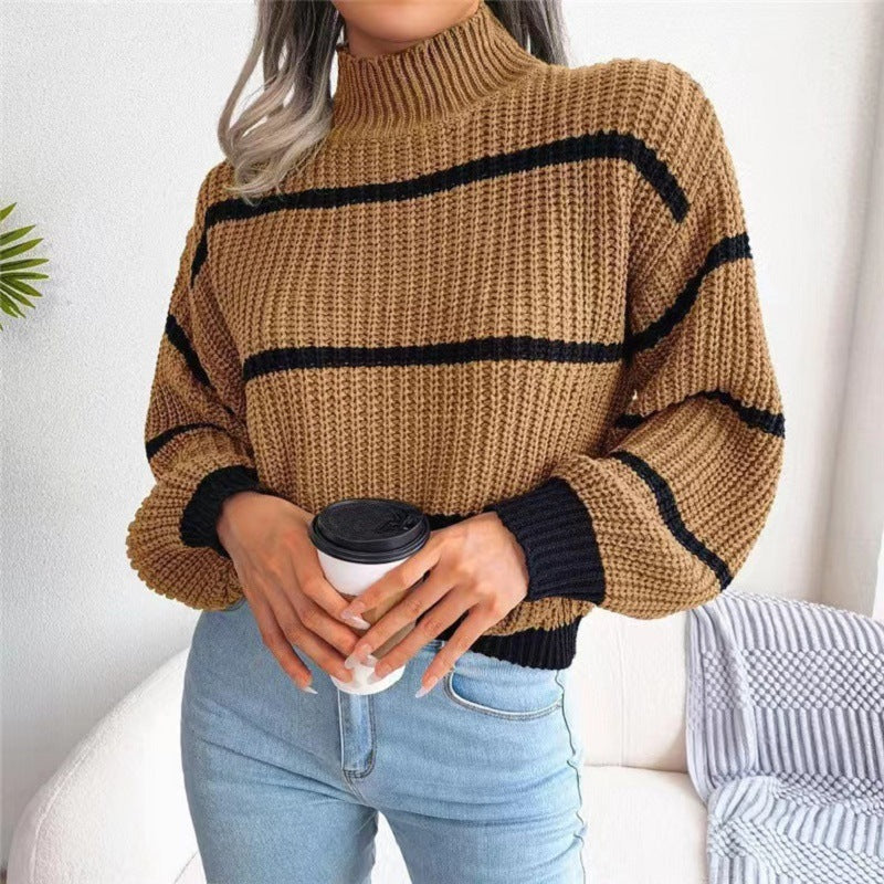 Contrast Color Striped Sweater New Half Turtleneck Pullover Top - The Number 1 Things