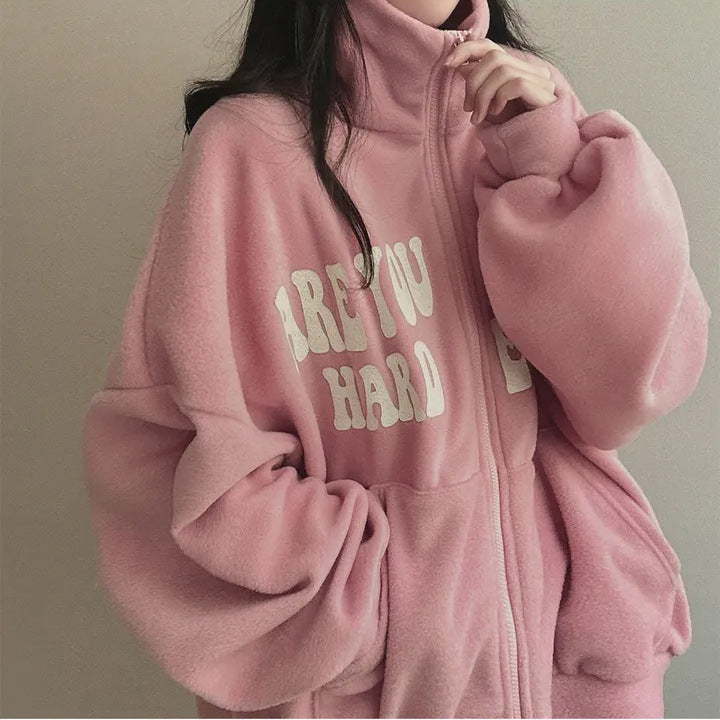Women's Alphabet Plus Velvet Loose Cardigan Zipper Simple Sweater - The Number 1 Things
