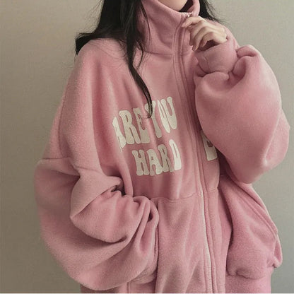 Women's Alphabet Plus Velvet Loose Cardigan Zipper Simple Sweater - The Number 1 Things