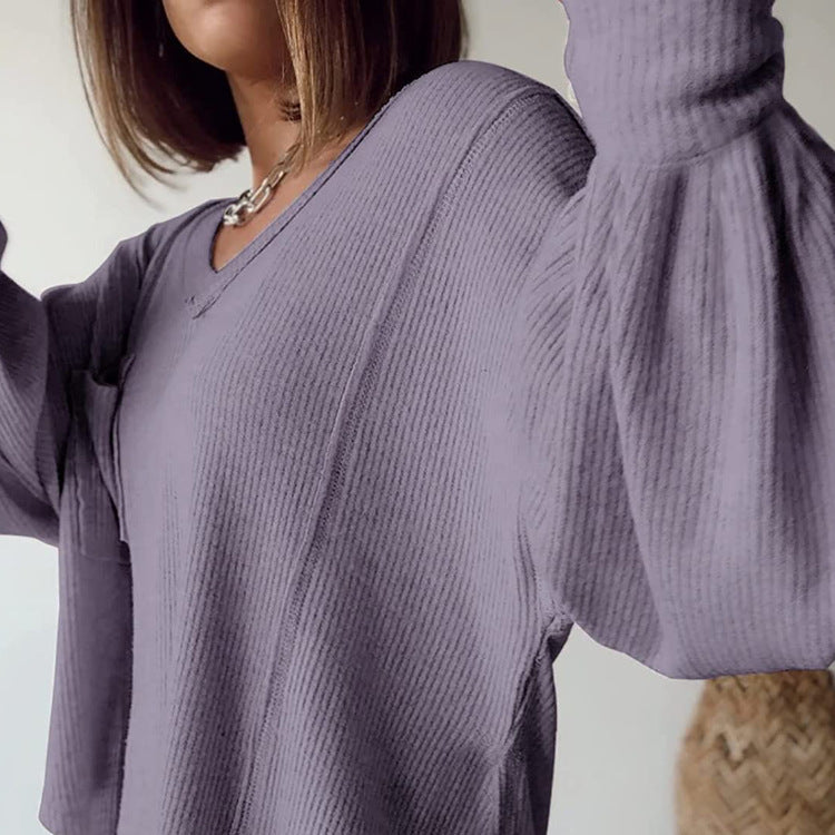 Casual V-neck Pocket Lantern Sleeve Loose Knitted Pullover Shirt Women - The Number 1 Things