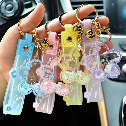 Cartoon Quicksand Cherry Blossom Keychain Acrylic Transparent Flower Oil Drift Bottle Bag Pedants Hangings - The Number 1 Things