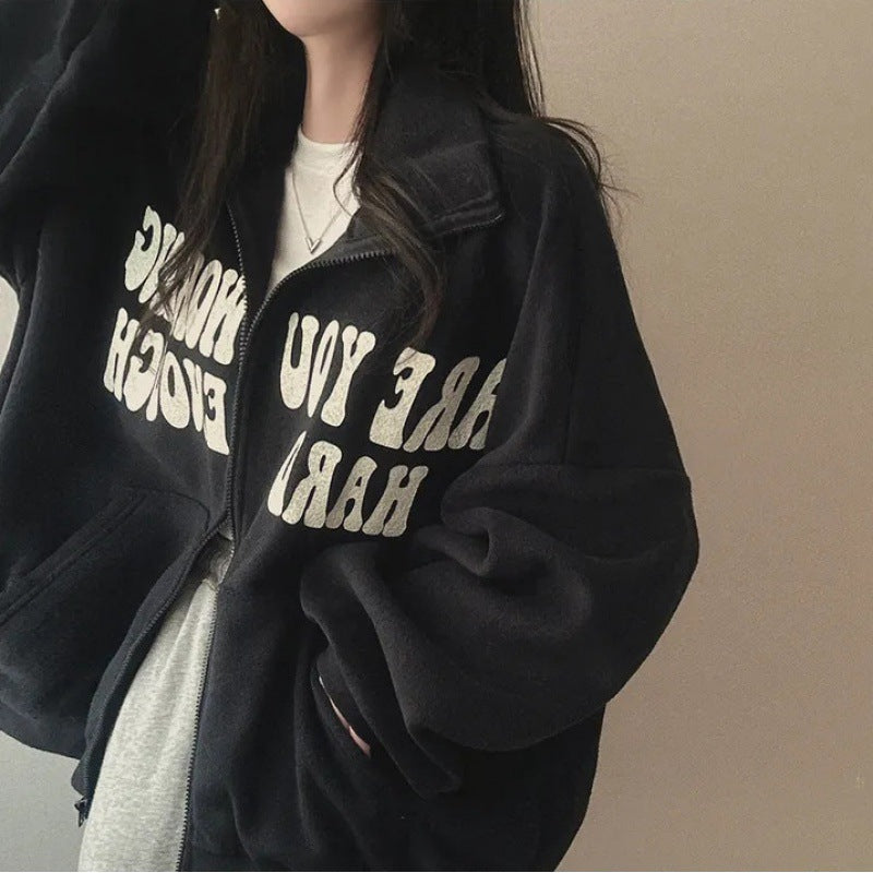 Women's Alphabet Plus Velvet Loose Cardigan Zipper Simple Sweater - The Number 1 Things