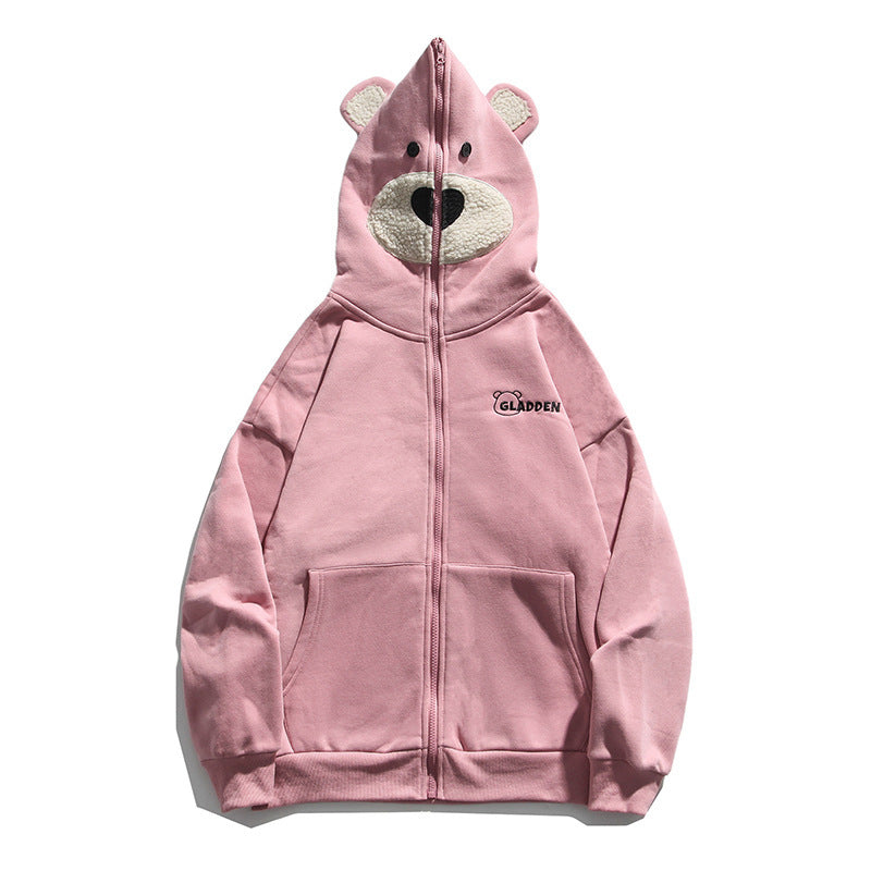 Bear embroidered couple zipper cardigan jacket