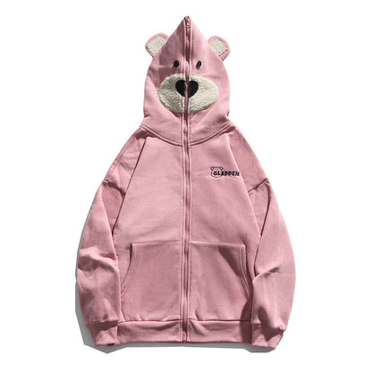 Bear embroidered couple zipper cardigan jacket