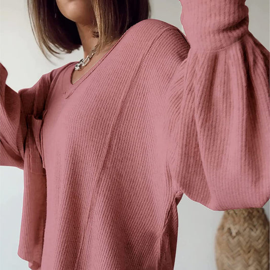Casual V-neck Pocket Lantern Sleeve Loose Knitted Pullover Shirt Women - The Number 1 Things