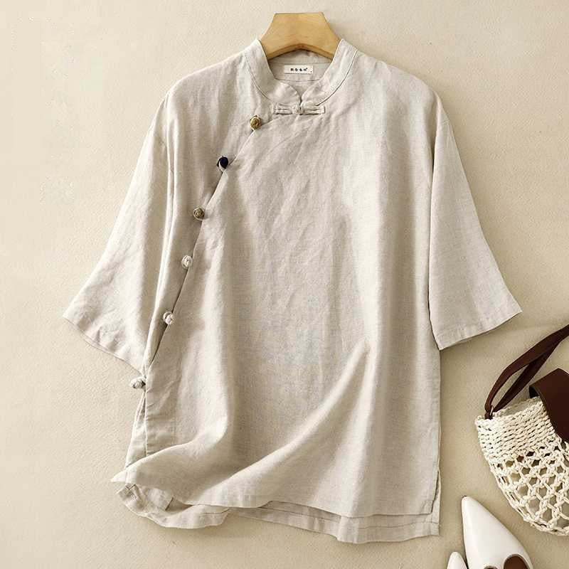 Cotton And Linen Retro Stand Collar Side Opening Short Sleeve Frog Buckle Top