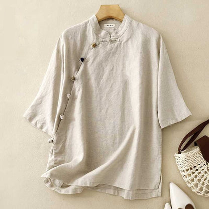 Cotton And Linen Retro Stand Collar Side Opening Short Sleeve Frog Buckle Top