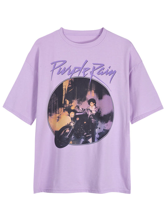 Vintage purple print loose loose short sleeve T-shirt - The Number 1 Things