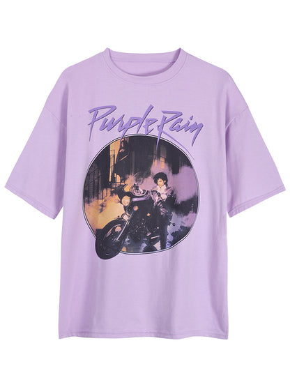 Vintage purple print loose loose short sleeve T-shirt - The Number 1 Things