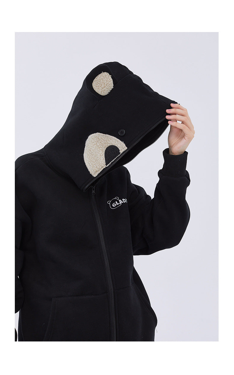 Bear embroidered couple zipper cardigan jacket