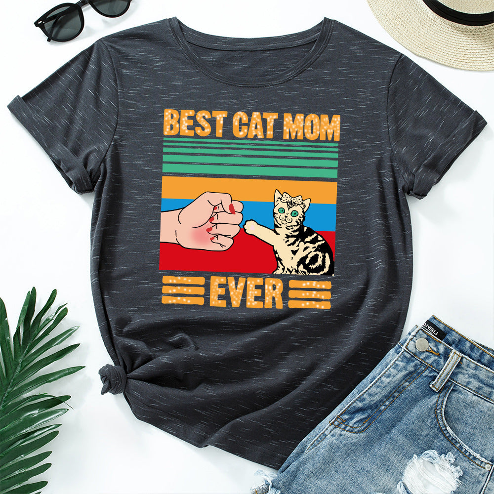 European And American Women's Clothing Creative Kitten Print Loose Round Neck Short Sleeve - The Number 1 Things
