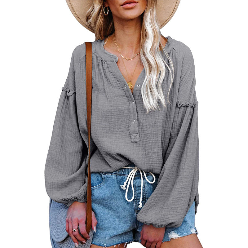 V-neck Lantern Sleeve Cotton Shirt Pullover - The Number 1 Things