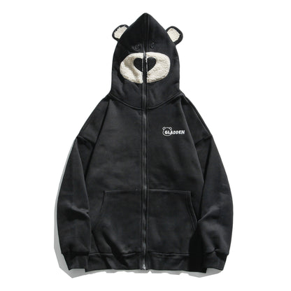 Bear embroidered couple zipper cardigan jacket