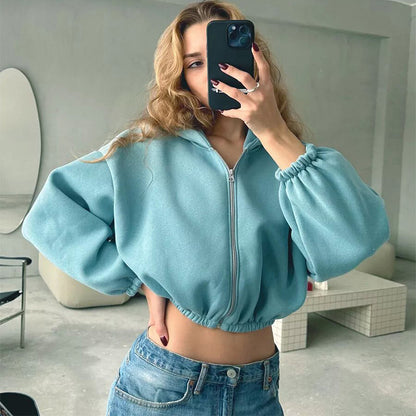 Casual Solid Color Hooded Short Jacket Y2K Fashion Sports Sweatshirt Long Sleeve Zip Up Cardigan Hoodies Women's Clothing - The Number 1 Things