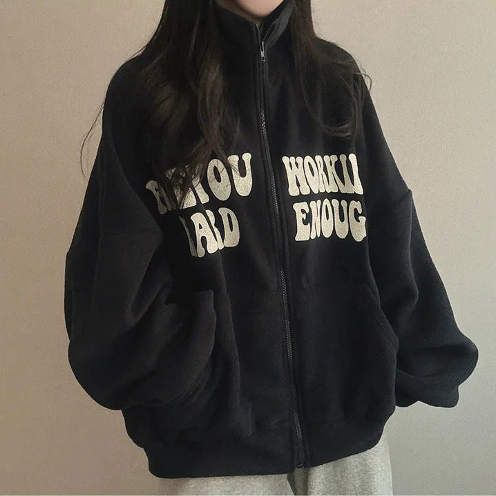 Women's Alphabet Plus Velvet Loose Cardigan Zipper Simple Sweater - The Number 1 Things