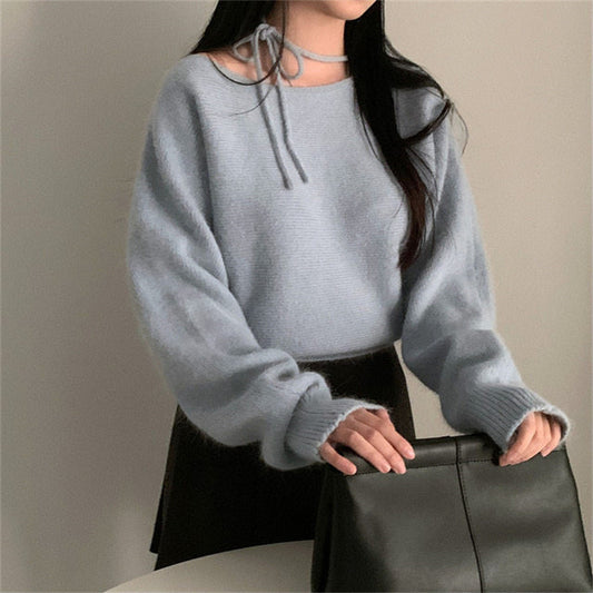 Simple Fashion Design Halter Tied Long Sleeves Sweater